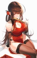 Rule 34 | 1girl, ahoge, arm warmers, bad id, bad twitter id, bare shoulders, black panties, breasts, brown hair, brown thighhighs, china dress, chinese clothes, cleavage, cleavage cutout, clothing cutout, dress, dsr-50 (girls&#039; frontline), dsr-50 (red peony) (girls&#039; frontline), flower, garter belt, girls&#039; frontline, hair flower, hair ornament, hair rings, highres, holding, large breasts, long hair, looking at viewer, official alternate costume, panties, pelvic curtain, pro-p, red dress, red eyes, red flower, side-tie panties, sidelocks, simple background, sitting, sleeveless, sleeveless dress, solo, thighhighs, thighs, underwear, very long hair, white background
