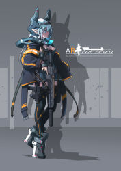Rule 34 | ar-57, assault rifle, blue eyes, blue hair, carbine, english text, from side, gun, high heels, highres, holding, holding gun, holding weapon, horizontal magazine, long hair, long pointy ears, looking ahead, nenchi, original, personal defense weapon, pistol-caliber carbine, pointy ears, rifle, submachine gun, suppressor, weapon