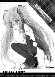 Rule 34 | 1girl, bare shoulders, detached sleeves, full body, greyscale, hatsune miku, long hair, monochrome, mugen dai, simple background, solo, squatting, tattoo, thighhighs, twintails, very long hair, vocaloid, white background, zettai ryouiki