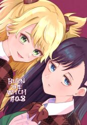 Rule 34 | 2girls, black hair, blonde hair, blue eyes, bow, bowtie, bright pupils, burn the witch, close-up, closed mouth, collared shirt, commentary, copyright name, dutch angle, expressionless, eyelashes, green eyes, happy, highres, light blush, lips, long hair, looking at viewer, multiple girls, niihashi noel, ninny spangcole, open mouth, purple background, red bow, red bowtie, rinner373, shirt, simple background, smile, straight hair, swept bangs, thick eyebrows, tsurime, two side up, white shirt