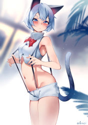 Rule 34 | 1girl, animal ears, armpits, artist name, bare arms, bare shoulders, blue eyes, blue hair, blurry, blurry background, bow, bowtie, breasts, cat ears, cat girl, cat tail, cowboy shot, crop top, cropped vest, depth of field, embarrassed, from side, highres, kani fish, light frown, looking at viewer, looking to the side, midriff, navel, original, parted lips, red bow, red bowtie, short hair, short shorts, shorts, small breasts, solo, stomach, suspender shorts, suspenders, suspenders pull, tail, thighs, vest, white shorts, white vest, wing collar