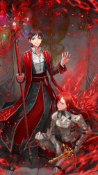 Rule 34 | 1boy, 1girl, armor, aura, black hair, copyright request, cover, cover page, ed (chibied), full body, gauntlets, gem, hand up, highres, holding, holding sword, holding weapon, knight, long hair, looking at viewer, novel cover, official art, red eyes, red hair, robe, runes, short hair, smile, squatting, staff, swept bangs, sword, weapon