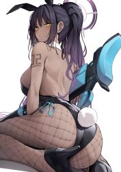 Rule 34 | 1girl, animal ears, anti-materiel rifle, ass, bare shoulders, black footwear, black hair, black hairband, black leotard, blue archive, blush, breasts, closed mouth, dark-skinned female, dark skin, ddangbi, fake animal ears, fake tail, fishnet pantyhose, fishnets, from behind, gradient hair, gun, hairband, halo, high heels, highres, karin (blue archive), karin (bunny) (blue archive), kneehighs, large breasts, leotard, long hair, looking at viewer, looking back, multicolored hair, number tattoo, official alternate costume, pantyhose, playboy bunny, ponytail, purple hair, rabbit ears, rabbit tail, rifle, sideboob, simple background, sniper rifle, socks, solo, tail, tattoo, thighs, weapon, white background, yellow eyes