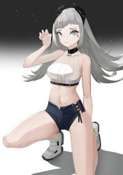 Rule 34 | 1girl, absurdres, alternate costume, arknights, ayan (ayanart), bare arms, bare legs, bare shoulders, black background, black shorts, breasts, claw pose, commentary request, crop top, gradient background, grey eyes, grey hair, hand up, head wings, highres, irene (arknights), kneeling, long hair, looking at viewer, medium breasts, micro shorts, midriff, navel, on one knee, scar, scar across eye, shadow, shirt, shoes, shorts, sleeveless, sleeveless shirt, solo, stomach, thighs, white background, white footwear, white shirt, wings