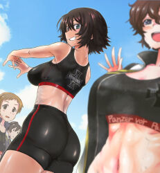 Rule 34 | 4girls, :&lt;, akaboshi koume, ass, bike shorts, black jacket, black shorts, black sports bra, blue eyes, blue sky, blurry, blurry foreground, brown hair, clothes writing, cloud, cloudy sky, commentary, day, depth of field, emblem, english text, from behind, german text, girls und panzer, grin, half-closed eyes, highres, interlocked fingers, itsumi erika&#039;s loader, jacket, kojima emi, kuromorimine (emblem), long hair, looking at viewer, looking back, mauko (girls und panzer), midriff, multiple girls, nabeyu, navel, open clothes, open jacket, open mouth, outdoors, own hands together, ponytail, short hair, shorts, single vertical stripe, sky, smile, solid oval eyes, sports bra, sportswear, standing, stretching, sweat, sweatdrop, tan, tanline, track jacket, very long hair, waving, wavy hair