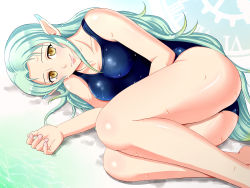 Rule 34 | 1girl, absurdres, aqua hair, ass, bad id, bad pixiv id, blue one-piece swimsuit, breasts, cleavage, dripping, highres, legs together, long hair, looking at viewer, lying, medium breasts, muzet (tales), on side, one-piece swimsuit, pazu (pazuzu438), pazuzu438, pointy ears, school swimsuit, smile, solo, swimsuit, tales of (series), tales of xillia, tales of xillia 2, thick thighs, thighs, very long hair, water, water drop, wet, wet clothes, yellow eyes