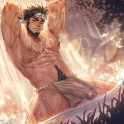 Rule 34 | 1boy, abs, absurdres, arkapami, armpit hair, armpits, arms behind head, bara, beard, black hair, bulge, chest hair, day, erection, erection under clothes, facial hair, forehead protector, fundoshi, highres, japanese clothes, large pectorals, leg hair, looking at viewer, male focus, male pubic hair, muscular, muscular male, naruto, naruto (series), navel, navel hair, nipples, one eye closed, outdoors, partially submerged, pectorals, penis, pubic hair, sarutobi asuma, short hair, sideburns, solo, thick thighs, thighs, water, wet