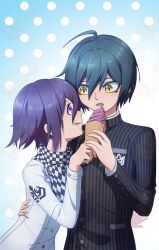 Rule 34 | 2boys, :q, ahoge, black jacket, black scarf, breast pocket, brown eyes, checkered clothes, checkered scarf, danganronpa (series), danganronpa v3: killing harmony, eye contact, hair between eyes, hantears, highres, holding, holding ice cream cone, ice cream cone, jacket, long sleeves, looking at another, lower teeth only, male focus, multiple boys, oma kokichi, open mouth, pink eyes, pocket, polka dot, polka dot background, purple hair, saihara shuichi, scarf, short hair, striped clothes, striped jacket, teeth, tongue, tongue out, white jacket, white scarf