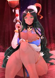 Rule 34 | 1girl, arano oki, arm wrap, armor, bandaged arm, bandages, black hair, blue armor, breastplate, breasts, bridal gauntlets, circlet, cleavage, curtains, dark-skinned female, dark skin, facial mark, fate/grand order, fate (series), forehead jewel, green eyes, hat, hat feather, highres, jewelry, knees up, large breasts, long hair, looking at viewer, parted bangs, parted lips, pauldrons, ring, scheherazade (fate), scroll, shoulder armor, sitting, smile, staff, thighlet, thighs