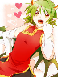 Rule 34 | 1girl, :d, bad id, bad pixiv id, chinese clothes, clenched hand, draco centauros, elbow gloves, erigamine, gloves, green hair, hand on own hip, heart, horns, madou monogatari, open mouth, orange eyes, pantyhose, pointy ears, puyopuyo, short hair, smile, solo, white gloves, wings