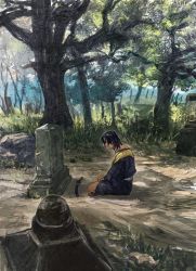 Rule 34 | 1boy, ayana (tannsann), black eyes, black hair, closed mouth, copyright request, crack, facial hair, katana, looking down, male focus, outdoors, painterly, scabbard, sheath, sheathed, sitting, solo, sword, tombstone, tree, weapon