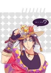 Rule 34 | ...?, 2boys, absurdres, angel wings, bare shoulders, battle tendency, blonde hair, blue jacket, bracelet, bracer, brown hair, caesar anthonio zeppeli, chibi, confused, facial mark, fingerless gloves, gloves, green eyes, halo, hat, highres, jacket, jewelry, jojo no kimyou na bouken, joseph joestar, joseph joestar (young), male focus, mini person, miniboy, multiple boys, off shoulder, official alternate costume, partially unzipped, pectoral cleavage, pectorals, pickieeeee, star (symbol), star ornament, sweatdrop, tongue, tongue out, triangle print, wings