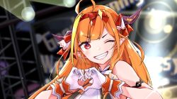 Rule 34 | 1girl, ahoge, armlet, bare arms, bare shoulders, blonde hair, blunt bangs, bow, bow hairband, bowtie, breasts, bright pupils, commentary, dragon girl, dragon horns, english commentary, gloves, grin, hairband, halterneck, hands up, heart, heart hands, highres, hololive, hololive idol uniform, horn ornament, horn ribbon, horns, idol, idol clothes, kiryu coco, large breasts, light blush, long hair, looking at viewer, multicolored hair, official alternate costume, one eye closed, orange hair, pointy ears, red eyes, red hairband, ribbon, sidelocks, sleeveless, slit pupils, smile, solo, stage, stage lights, streaked hair, sweat, teeth, upper body, virtual youtuber, white bow, white bowtie, white gloves, white pupils, wrist cuffs, yuyaiyaui