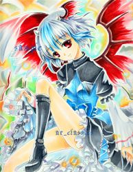 Rule 34 | 1girl, at classics, blue hair, boots, dress, female focus, frilled dress, frills, gradient background, grey hair, head wings, highres, horns, marker (medium), multicolored hair, red eyes, sample watermark, short hair, smile, solo, tokiko (touhou), touhou, traditional media, two-tone hair, watermark, wings
