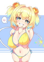 Rule 34 | + +, 1girl, arm between breasts, bad id, bad pixiv id, between breasts, bikini, blonde hair, blue eyes, blue hair, blush, bombergirl, breasts, cleavage, grenade hair ornament, grin, hair intakes, highres, kenzuishi, large breasts, looking at viewer, multicolored hair, navel, oppai loli, parted lips, pine (bombergirl), short hair, short twintails, side-tie bikini bottom, smile, solo, speech bubble, swimsuit, teeth, twintails, yellow bikini