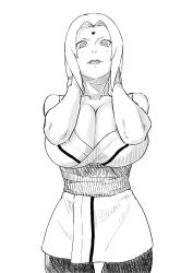 Rule 34 | 1girl, absurdres, breasts, cleavage, highres, huge breasts, iwao178, large breasts, monochrome, nail polish, naruto, naruto (series), naruto shippuuden, one breast out, tsunade (naruto)