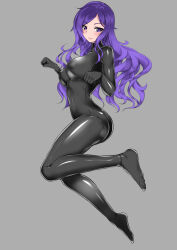 Rule 34 | 1girl, black bodysuit, bodysuit, breasts, catstudioinc (punepuni), clenched hand, commentary, commission, english commentary, full body, grey background, large breasts, latex, latex bodysuit, long hair, looking at viewer, original, purple eyes, purple hair, shiny clothes, skin tight, smile, solo