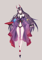 Rule 34 | 1girl, absurdres, aged up, alternate hair length, alternate hairstyle, bare shoulders, black hair, breasts, cleavage, cup, fate (series), fingerless gloves, full body, gloves, highres, holding, horns, japanese clothes, long hair, medium breasts, navel, oni, sakazuki, shuten douji (fate), skin-covered horns, solo, standing, very long hair