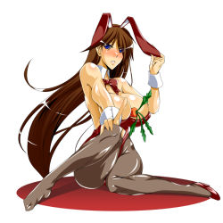 Rule 34 | 00s, 1girl, alternate costume, animal ears, bare shoulders, between breasts, blue eyes, blush, body blush, bow, bowtie, breasts, brown hair, bursting breasts, carrot, cleavage, covered erect nipples, detached collar, embarrassed, fake animal ears, fingernails, flame master nyx, food, full body, grey pantyhose, hairband, hand on own knee, high heels, highleg, huge breasts, index finger raised, kanten, leotard, lipstick, long fingernails, long hair, makeup, nose blush, nyx (queen&#039;s blade), nyx (queen's blade), pantyhose, parted lips, playboy bunny, queen&#039;s blade, rabbit ears, ribbon, shadow, shoes, sideboob, simple background, single shoe, sitting, solo, very long hair, wariza, white background, wide hips, wrist cuffs