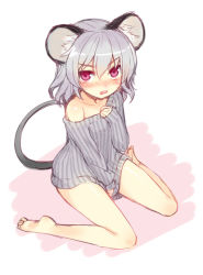 Rule 34 | 1girl, animal ears, bare legs, bare shoulders, barefoot, blush, bottomless, clothes tug, female focus, grey hair, minamura haruki, mouse ears, mouse tail, naked sweater, nazrin, no pants, off shoulder, red eyes, ribbed sweater, sitting, sketch, solo, sweater, sweater tug, tail, touhou, wariza