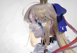 Rule 34 | 1girl, abstract, ahoge, artoria caster (fate), artoria caster (third ascension) (fate), artoria pendragon (fate), blonde hair, blue ribbon, bug, crown, dragonfly, facial mark, fate/grand order, fate (series), forehead mark, from side, green eyes, hair between eyes, highres, insect, insect wings, long hair, parted bangs, profile, ribbon, ubwmitekure, white background, wings
