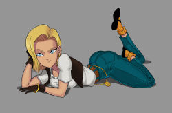 Rule 34 | 1girl, absurdres, android 18, ass, blonde hair, blue eyes, bob cut, bracelet, breasts, brown gloves, closed mouth, denim, dragon ball, dragonball z, earrings, feet, full body, gloves, grey background, head rest, highres, hoop earrings, jeans, jewelry, legs, looking away, lying, medium breasts, necklace, on stomach, pants, pearl necklace, shirt, shoes, short hair, simple background, solo, sunsetriders7, thighs, white shirt