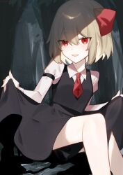 Rule 34 | 1girl, :d, ascot, black skirt, blonde hair, breasts, clothes lift, dark background, hair between eyes, hair ribbon, highres, lifted by self, looking at viewer, necktie, nemachi, open mouth, red eyes, red necktie, ribbon, rumia, shirt, short hair, simple background, skirt, skirt hold, skirt lift, small breasts, smile, solo, touhou, vest