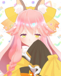 Rule 34 | 1girl, :3, animal ear fluff, animal ears, commentary request, fate/samurai remnant, fate (series), fox ears, fox girl, japanese clothes, kimono, long hair, looking at viewer, lunarose, pink hair, sleeves past fingers, sleeves past wrists, smile, solo, straight-on, tamamo (fate), tamamo aria (fate), upper body, yellow eyes, yellow kimono
