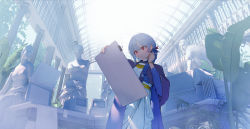 Rule 34 | 1girl, architecture, armlet, blue hair, blue jacket, braid, capelet, clipboard, closed mouth, commentary request, dress, greco-roman architecture, hair between eyes, hair ornament, hands up, highres, holding, holding clipboard, holding pencil, jacket, keyboard (computer), long hair, long sleeves, mole, mole under eye, open clothes, open jacket, original, pencil, pillar, plant, purple capelet, red eyes, single braid, solo, statue, table, terebi (shimizu1996), white dress