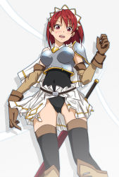 Rule 34 | 00s, 1girl, armor, bad id, bad pixiv id, blush, breasts, cecily cambell, elbow gloves, female focus, gloves, open mouth, red eyes, red hair, sakebuotoko, seiken no blacksmith, short hair, solo, sword, thighhighs, weapon