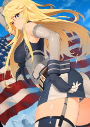 Rule 34 | 10s, 1girl, american flag, american flag panties, american flag print, anchor, arm up, bad id, bad pixiv id, belt, blonde hair, blue eyes, blue sky, chain, closed mouth, cloud, cowboy shot, crane (machine), day, eyebrows, fingerless gloves, from below, from side, front-tie top, garter straps, gloves, headgear, highres, iowa (kancolle), kantai collection, ladic, long hair, looking at viewer, miniskirt, outdoors, panties, pantyshot, print panties, skirt, sky, smile, solo, standing, star-shaped pupils, star (symbol), stitches, striped, symbol-shaped pupils, thighhighs, underwear, wrist cuffs