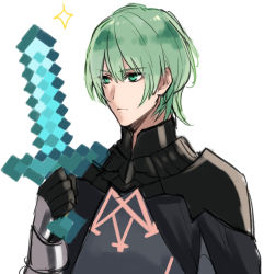 Rule 34 | 1boy, armor, black armor, byleth (fire emblem), byleth (male) (fire emblem), minecraft sword, fire emblem, fire emblem: three houses, green eyes, green hair, holding, holding sword, holding weapon, long sleeves, minecraft, nintendo, pmpmcl, short hair, simple background, solo, sword, upper body, weapon, white background
