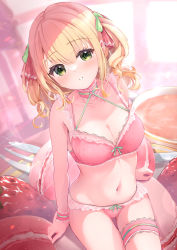 Rule 34 | 1girl, absurdres, blonde hair, blurry, blurry background, bra, breasts, bridal garter, candy, cleavage, collarbone, commentary request, food, fork, frilled bra, frilled panties, frills, fujinomiya rio, green eyes, hair ribbon, highres, lingerie, long hair, looking at viewer, macaron, medium breasts, navel, original, oversized food, oversized object, panties, parted lips, pink bra, pink panties, resolution mismatch, ribbon, sitting, solo, source larger, stomach, sweets, teeth, twintails, underwear, underwear only