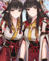Rule 34 | 2girls, arms behind back, black hair, blue sky, blunt bangs, breasts, cherry blossoms, closed mouth, collarbone, commentary request, day, hair ornament, highres, hime cut, hinoa, japanese clothes, kimono, large breasts, lips, long hair, looking at viewer, minoto, monster hunter (series), monster hunter rise, multiple girls, outdoors, peach luo, petals, pink lips, pointy ears, siblings, sidelocks, sisters, sky, smile, straight hair, tassel, twins, upper body, white kimono, wide sleeves, yellow eyes