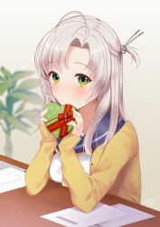 Rule 34 | 1girl, ahoge, antenna hair, blue sailor collar, blurry, blush, box, breasts, cardigan, closed mouth, commentary request, depth of field, gift, gift box, green eyes, grey hair, hair between eyes, hair tie, heart, heart-shaped box, highres, holding, holding gift, jewelry, kantai collection, kazuki kan, kinugasa (kancolle), kinugasa kai ni (kancolle), long sleeves, looking at viewer, paper, plant, red ribbon, ribbon, ring, sailor collar, solo, table, upper body, valentine, wedding band, yellow cardigan