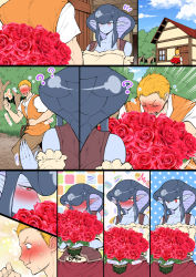 Rule 34 | 1boy, 1girl, ?, ^^^, abstract background, bare shoulders, blonde hair, blue eyes, blue skin, blush, bouquet, closed eyes, colored skin, comic, confession, day, door, dot mouth, embarrassed, flower, forest, gift, half-closed eyes, hetero, holding, holding bouquet, house, lamia, looking at another, monster girl, nature, nenbuta, no mouth, nose blush, original, outdoors, pants, pointy ears, red eyes, red flower, red rose, rose, salute, scales, shirt, short hair, silent comic, skirt, sky, smelling flower, sweat, sweatdrop, tree, vest, waving, window
