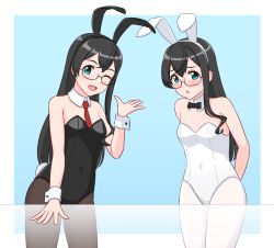 Rule 34 | 2girls, alternate costume, animal ears, arms behind back, black bow, black bowtie, black hair, black leotard, black pantyhose, bow, bowtie, breasts, covered navel, cowboy shot, detached collar, dual persona, geometrie, glasses, green eyes, kantai collection, leotard, long hair, looking at viewer, multiple girls, necktie, ooyodo (kancolle), pantyhose, playboy bunny, rabbit ears, rabbit tail, red necktie, see-through, semi-rimless eyewear, small breasts, table, tail, under-rim eyewear, white leotard, white pantyhose, wrist cuffs