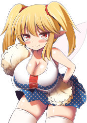 Rule 34 | 1girl, alternate costume, alternate hairstyle, bare shoulders, blonde hair, breasts, cheerleader, cleavage, clownpiece, fairy, fairy wings, gero zoukin, highres, holding, holding pom poms, large breasts, leaning forward, looking at viewer, oppai loli, pointy ears, pom pom (cheerleading), pom poms, red eyes, smile, solo, standing, thighhighs, touhou, twintails, wings