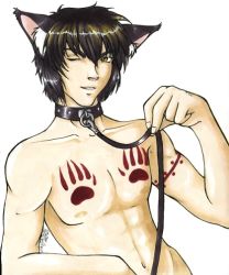 Rule 34 | 1boy, animal ears, bodypaint, brown eyes, brown hair, cat boy, cat ears, cat tail, collar, leash, male focus, muscular, one eye closed, topless male, solo, tail, tattoo, wink