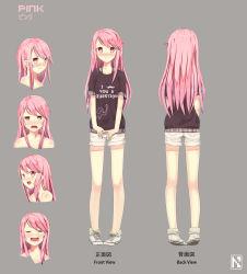 Rule 34 | 1girl, blush, character name, character sheet, crying, expressions, full body, highres, long hair, looking at viewer, muite, multiple views, original, pink hair, pun, red eyes, shoes, simple background, sketch, smile, turnaround
