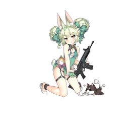 Rule 34 | 1girl, :q, animal ear fluff, animal ears, ankleband, art556 (girls&#039; frontline), art556 (white cabbage) (girls&#039; frontline), bare arms, bare legs, bare shoulders, black panties, blush, bow, brown eyes, china dress, chinese clothes, cleavage cutout, clothing cutout, covering privates, covering crotch, double bun, dress, dress tug, flat chest, full body, garter straps, girls&#039; frontline, green bow, green dress, green hair, gun, hair bow, hair bun, head tilt, holding, holding gun, holding weapon, kneeling, looking at viewer, official alternate costume, official art, one breast out, panties, rifle, saru, shoes, skirt, smile, solo, string panties, stuffed animal, stuffed cat, stuffed dog, stuffed toy, taurus art556, thigh strap, tongue, tongue out, torn bow, torn clothes, torn dress, torn skirt, transparent background, underwear, weapon, white bow, white footwear