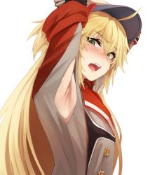 Rule 34 | 1girl, absurdres, admiral hipper (azur lane), armpit cutout, armpits, arms up, azur lane, blonde hair, blondy (ldlong), clothing cutout, commentary request, from side, green eyes, grey headwear, highres, long hair, long sleeves, looking at viewer, looking to the side, military, military uniform, one side up, open mouth, solo, straight hair, sweat, teeth, uniform, upper body, upper teeth only, very long hair
