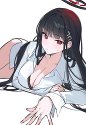 Rule 34 | 1girl, black bra, black hair, black halo, blue archive, bra, bra peek, breasts, cleavage, closed mouth, collarbone, collared shirt, hair ornament, hairclip, hairpin, halo, hashtag-only commentary, highres, large breasts, long hair, long sleeves, looking at viewer, lying, on stomach, red eyes, rio (blue archive), shirt, simple background, sketch, solo, soybean (hisoybean), underwear, white background, white shirt