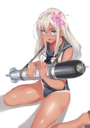 Rule 34 | 10s, 1girl, blue eyes, crop top, fang, flower, hair flower, hair ornament, hews, highres, kantai collection, long hair, ro-500 (kancolle), sailor collar, school swimsuit, silver hair, simple background, swimsuit, swimsuit under clothes, tan, tanline, torpedo