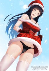Rule 34 | 1girl, absurdres, black hair, black panties, blue background, breasts, cleavage, clothes lift, dannex009, dress, dress lift, from below, fur-trimmed headwear, fur trim, grey eyes, hat, highres, hyuuga hinata, lifting own clothes, long hair, looking at viewer, medium breasts, naruto, naruto (series), open mouth, panties, red hat, santa costume, santa hat, smile, solo, standing, thighhighs, underwear, very long hair, white thighhighs