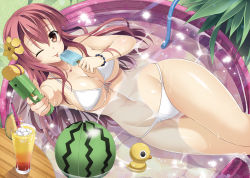 Rule 34 | 1girl, ;p, armpits, ball, bare legs, bare shoulders, beachball, bikini, bracelet, breasts, brown eyes, bush, cleavage, closed mouth, collarbone, cowboy shot, curvy, drinking straw, eyebrows, flower, food, from above, front-tie bikini top, front-tie top, fruit, glass, glint, grass, hair flower, hair ornament, holding, holding food, hose, ice cream, ishigami kazui, jewelry, large breasts, legs together, lemon, lemon slice, lemonade, long hair, looking at viewer, looking up, lying, navel, on back, one eye closed, original, partially submerged, pearl bracelet, plant, popsicle, red eyes, ribbon, rubber duck, smile, solo, splashin, splashing, stomach, swimsuit, tareme, tongue, tongue out, transparent, underboob, wading pool, water, water gun, white bikini, white ribbon, wide hips, yellow flower