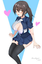 Rule 34 | 1girl, black thighhighs, blue shirt, blue skirt, bra, breasts, brown eyes, brown hair, chamumi (mochiumee), cleavage, feet out of frame, highres, invisible chair, kaga (kancolle), kantai collection, large breasts, long hair, looking at viewer, official alternate costume, open clothes, pleated skirt, shirt, side ponytail, sitting, skirt, solo, striped clothes, striped shirt, thighhighs, tongue, tongue out, underwear, white bra