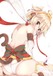 Rule 34 | 10s, 1girl, :d, ahoge, andira (granblue fantasy), animal ears, ass, back, bad id, bad nicoseiga id, bare back, bare shoulders, barefoot, blonde hair, blush, bow, breasts, butt crack, cherry blossoms, detached pants, detached sleeves, earrings, erune, from behind, fur trim, granblue fantasy, green bow, hairband, haru mari, jewelry, long sleeves, looking at viewer, looking back, marble (toy), monkey ears, monkey tail, obi, open mouth, panties, petals, red eyes, round teeth, sash, shawl, simple background, sitting, small breasts, smile, soles, solo, tail, teeth, tiara, two side up, underboob, underwear, wariza, white background, white panties