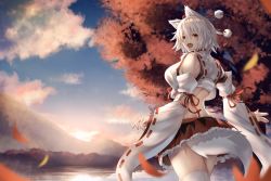 Rule 34 | 1girl, animal ear fluff, animal ears, autumn, back, bandages, bare shoulders, blouse, blue sky, breasts, cloud, cowboy shot, detached sleeves, eto mitsuba, falling leaves, fang, frilled skirt, frills, from behind, hair between eyes, hat, inubashiri momiji, lake, landscape, large breasts, leaf, looking at viewer, looking back, mountain, open mouth, outdoors, pom pom (clothes), red eyes, red hat, ribbon-trimmed sleeves, ribbon trim, sarashi, shirt, short hair, sideboob, skirt, sky, solo, standing, sunset, tail, thighhighs, thighs, tokin hat, touhou, tree, two-tone shirt, water, white hair, white shirt, white thighhighs, wide sleeves, wind, wolf ears, wolf tail