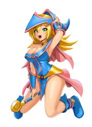 Rule 34 | 1girl, armpits, bare shoulders, blue footwear, blush, boots, breasts, chagaun gim, cleavage, dark magician girl, duel monster, full body, green eyes, hair between eyes, hand on headwear, hat, highres, large breasts, pentacle, simple background, solo, wand, white background, wizard hat, yu-gi-oh!, yu-gi-oh! duel monsters